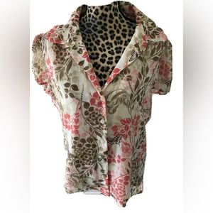 alfred dunner Top Blouse L 16 Pink Green Floral Collared Short Sleeve Shirt